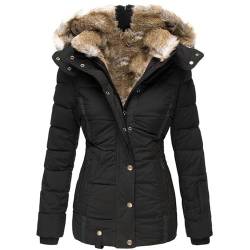 Winter Hoodie Damen Gefüttert, Damen Mantel Winterjacke Warm Lang Winterparka mit Kapuze Fell Kragen Trenchcoat Gefüttert Teddyfleece üBergangsjacke Daunenmantel Frauen Steppmantel Softshelljacke BKM von Fannyfuny