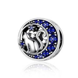 Katzen-Charm, 925er-Sterlingsilber, Tier, Stern, Mond, Blau, Zirkonia, kompatibel mit Pandora-Armband und Halskette von Fanona