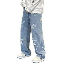 FantasyGears Y2k Jeans Herren Grunge Hip Hop Baggy Hose Straight Leg Grafik Denim Jogger Lose Goth Hosen Streetwear, A#star-blue, Klein von FantasyGears
