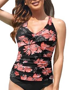 Fanuerg Tankini-Top nur Twist Front Badeanzug Tops für Frauen Bauchkontrolle Tank Tops V-Ausschnitt Badeanzug Top ohne Unterteil, pink floral, XX-Large von Fanuerg