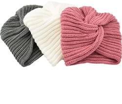 Faringoto Chemo-Kopfbedeckung für Damen, Turban, gestrickt, gekreuzter Kopf, Lndian Bonnet, Dunkelgrau + Weiß + Rosa, Einheitsgröße von Faringoto