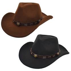 Faringoto Cowboyhut Herren Cowgirl Hut Filzhut Fedoras Hüte für Damen, Braun+Schwarz, One size von Faringoto