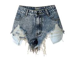Faringoto Damen-Jeans-Shorts mit hoher Taille, Saum, 090, L von Faringoto