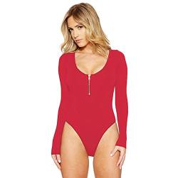 Faringoto Damen-strand-bodysuit, Overall, Einfarbig, Ärmel, Reißverschluss, U-ausschnitt, Body, Basic-trikotanzug von Faringoto