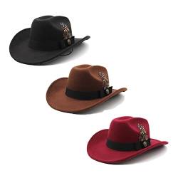 Faringoto Herren Federhut Fedora breite Krempe Hut Vintage Jazz Hut Paar Hut Western Cowboy Hut, Schwarz + Braun + Weinrot, One size von Faringoto