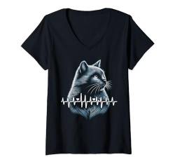 Damen Katzenliebhaber geschenke-Herzschlag Katze für Damen. T-Shirt mit V-Ausschnitt von Farm n' Fancy