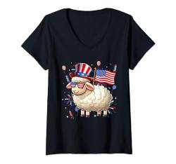 Damen Sheep Sunglasses Flag 4th Of July Lover Farmer Patriotic T-Shirt mit V-Ausschnitt von Farmer 4th Of July Costume