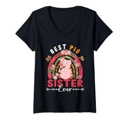 Damen Beste Schweineschwester aller Zeiten Muttertag Flowers Rainbow Farm T-Shirt mit V-Ausschnitt von Farmer Mother's Day Costume