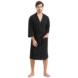 FashGudim 100% Baumwolle Herren Morgenmantel Leichte Sommer Strickmäntel Dünne Kimono Bademäntel (Schwarz,L/XL) von FashGudim