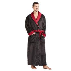 FashGudim Herren Bademäntel groß und groß in voller Länge Plüsch Fleece lange Robe Schal Kragen warm Winter Männer Bademantel(Schwarz/Burgunderfarben,XXXL) von FashGudim