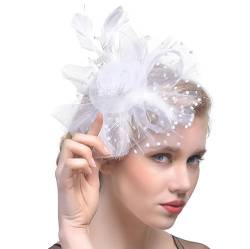 Fashband Fascinator Hut Mesh Feder Stirnband mit Haarspange Blume Cocktail Kopfbedeckung Hochzeit Braut Accessoires für Frauen und Mädchen(Weiß) von Fashband