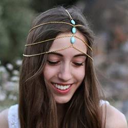 Fashband Türkis Perlen Kopfkette Boho Stirnband Braut Kopfschmuck Kopfschmuck Hochzeit Strand Krone Tiara Mode Haarschmuck für Frauen und Mädchen (Gold) von Fashband