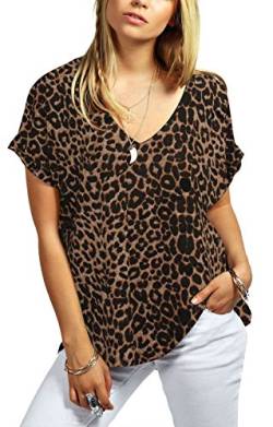 Damen Plus Size Fit V Ausschnitt Top Damen Baggy Plus Size Fledermausärmel Casual T-Shirt Größen 36-52 Gr. 50-52, Brauner Leopard. von Fashion 1st