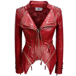 Fashion SX Damen Punk Nieten Kunstleder Alligatormuster Muster PU Leder Jacken Reißverschluss Moto Biker Mantel, Weinrot, XXL von Fashion SX