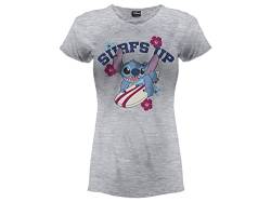 Fashion UK T-Shirt Lilo & Stitch Surfs Up Modell für Damen, offizielles Design mit Druck Vorderseite 100% Baumwolle, grau, Größen für Damen und Mädchen von Fashion UK
