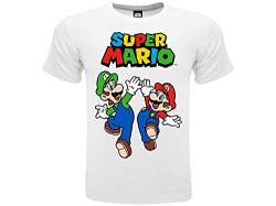 Fashion UK T-Shirt Mario und Luigi, offizielles T-Shirt, 100 % Baumwolle, Farbe: Weiß mit Logo, Lizenzprodukt. Kindergrößen: Jungen., Weiß 12-13 Jahre von Fashion UK