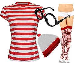 Damen Herren Wheres Nerd Geek Rot & Weiß Gestreift Fancy Kleid Frischer Kostüm Book Tag 3 & 4 Stück-Set... (Damen S/M, meine Damen 4 Stück T-Shirt + Mütze + Brille + Socken) von Fashion