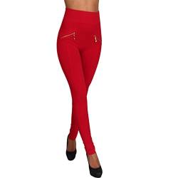 Fashion Damen Leggings Zipper Reißverschluss Hoher Bund Treggings Sommer Leggins Hose (Modell 2 Rot) von Fashion