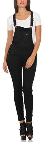 Fashion4Young 10026 Damen Latzhose Latzjeans Röhrenjeans Jeans Hosenträgern Overall (M/38, schwarz) von Fashion4Young