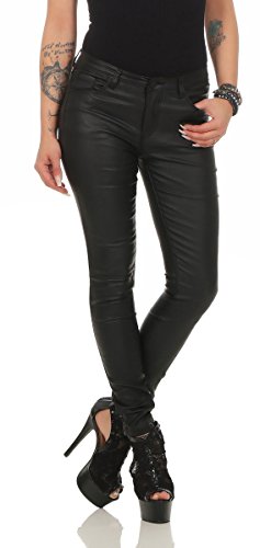 Fashion4Young 10114 Damen Röhrenhose Treggings Slimline Leder-Look Lederimitat Damenhose Wetlook (L/40, schwarz) von Fashion4Young