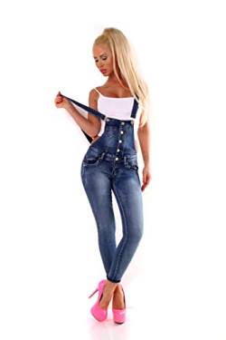 Fashion4Young 10694 Damen Latzhose Hose pants mit Träger Röhren Jeans Overall Jeanshose Trägerhose (L=40, Blau) von Fashion4Young