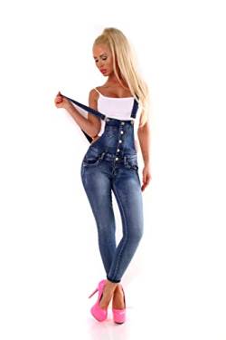 Fashion4Young 10694 Damen Latzhose Hose pants mit Träger Röhren Jeans Overall Jeanshose Trägerhose (XL=42, Blau) von Fashion4Young