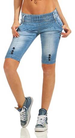 Fashion4Young 10900 Damen Jeans Bermuda Denim Shorts Kurze Hose Stretch Destroyed Baggy Bundfalten (blau, S-36) von Fashion4Young