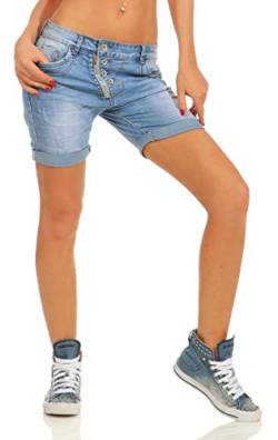 Fashion4Young 11521 Damen Jeans Bermuda Hose Boyfriend Denim Shorts Destroyed Slimline Knopfleiste Slim-Fit (blau, M) von Fashion4Young