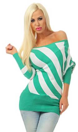 Fashion4Young 4960 Damen Feinstrick Pullover Longpullover Strickkleid Fledermausärmel Streifen (weiß-grün, 36-38) von Fashion4Young