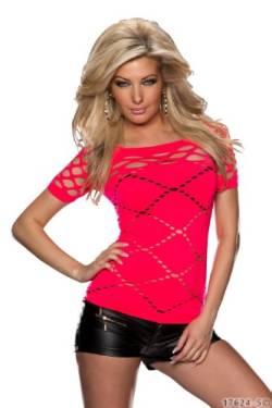Fashion4Young 5807 Damen Kurzarm Shirt aus weichem Stretch-Stoff Netz verfügbar in 10 Farben und in 2 Größen (S/M 34/36, Neon-Rot) von Fashion4Young