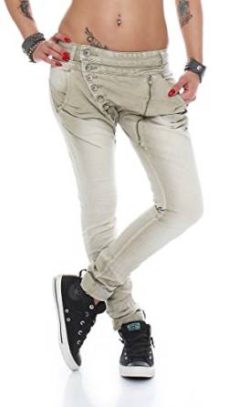 Fashion4Young 5857 MOZZAAR Damen Jeans Hose Röhrenjeans Haremshose Röhre Damenjeans Hüftjeans (XXL=44, Khaki) von Fashion4Young