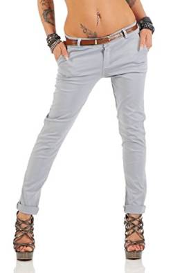 Fashion4Young Damen Skinny Chino Pant Hautenge Treggings Stretch-Stoff Damenhose mit Gürtel (L=40, 11206-grau) von Fashion4Young