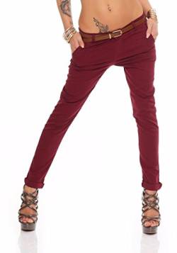 Fashion4Young Damen Skinny Chino Pant Hautenge Treggings Stretch-Stoff Damenhose mit Gürtel (M=38, Weinrot) von Fashion4Young