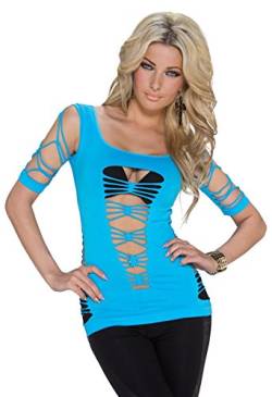 Fashion4Young K1043 Damen Kurzarm Shirt aus weichem Stretch-Stoff Netz Top Destroyed-Look 8 Farben (M/L 34/36, Blau) von Fashion4Young
