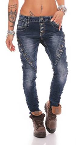 Fashion4Young MOZZAAR Damen Jeans Röhrenjeans Haremshose Hüftjeans Baggy Haremsjeans Boyfriend (M=38, 10793-Dunkelblau) von Fashion4Young