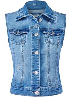 FashionMille Damen-Jeansjacke mit Knopfleiste, ärmellos, Used-Look - Blau - Small von FashionMille