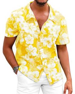 Fastkoala Herren Hawaiihemd Hemden Männer Strandhemd Tropische Geblümtes Hawaiianisch Urlaub Sommer Durchgehend Gelb M von Fastkoala