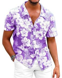 Fastkoala Herren Hawaiihemd Hemden Männer Strandhemd Tropische Geblümtes Hawaiianisch Urlaub Sommer Durchgehend Lila L von Fastkoala