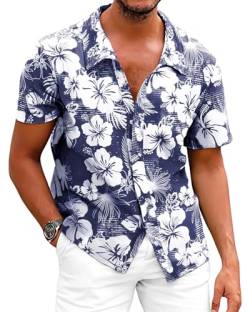 Fastkoala Herren Hawaiihemd Hemden Männer Strandhemd Tropische Geblümtes Hawaiianisch Urlaub Sommer Durchgehend Marine M von Fastkoala