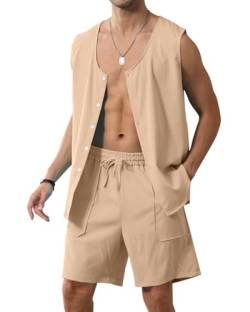 Fastkoala Herren Trainingsanzug Outfit Set Zweiteiler Anzüge Sommer Ärmellos Weste & Short 2 Teiler Khaki XL von Fastkoala