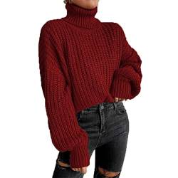 Rollkragenpullover Damen,Strickpullover Mode Langarm Strick Damen Pullover, Grobstrick-Pullover Damen Langarm Elegant Winterpullover Oversize Grobstrickpullover Sweatshirt Strickpulli(S-Weinrot) von Fauitay