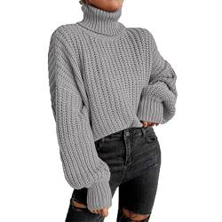 Rollkragenpullover Damen,Strickpullover Mode Langarm Strick Damen Pullover, Grobstrick-Pullover Damen Langarm Elegant Winterpullover Oversize Grobstrickpullover Sweatshirt Strickpulli Sweater(S-Grau) von Fauitay