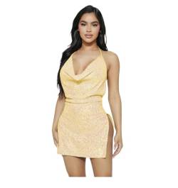 Faxianther Damen Kleider Sexy Rückenfrei Seitenschlitz Pailletten Minikleid Tief V Ausschnitt Partykleid Neckholder Kurz Kleider Sommerkleid Ärmellos Glitzer Clubwear Kleid Glitzerkleid von Faxianther