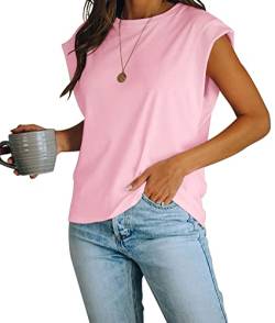 Damen Cap Sleeve Tank Top Rundhals T Shirts Loose Fit Basic Sommer Casual Tee Tops, hellrosa Farbe, X-Groß von Fazortev