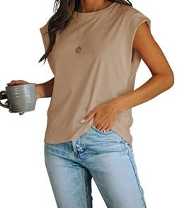 Damen Cap Sleeve Tank Top Rundhals T Shirts Loose Fit Basic Sommer Casual Tee Tops, khaki, Mittel von Fazortev
