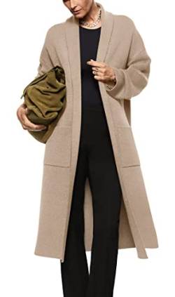 Damen Langarm Maxi Cardigan Open Front Oversized Strickpullover Mantel Casual Revers Warm Mantel mit Taschen, Beige, Mittel von Fazortev