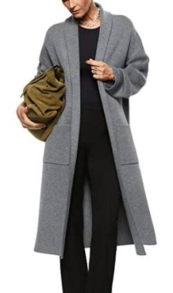 Damen Langarm Maxi Cardigan Open Front Oversized Strickpullover Mantel Casual Revers Warm Mantel mit Taschen, steingrau, Mittel von Fazortev