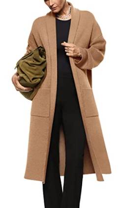 Damen Oversized Langarm Open Front Cardigan Casual Revers Warm Strickpullover Mantel Maxi Overcoat mit Taschen, Camel, Klein von Fazortev