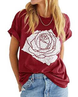 Damen Sommer Kurzarm Loose Fit T-Shirt Rose Grafik Boyfriend Casual Rundhals Tee Tops, rot, Groß von Fazortev