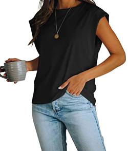 Damen Sommer Tank Top Cap Sleeve Loose Fit Rundhals T Shirts Casual Basic Tee Tops, schwarz, Groß von Fazortev